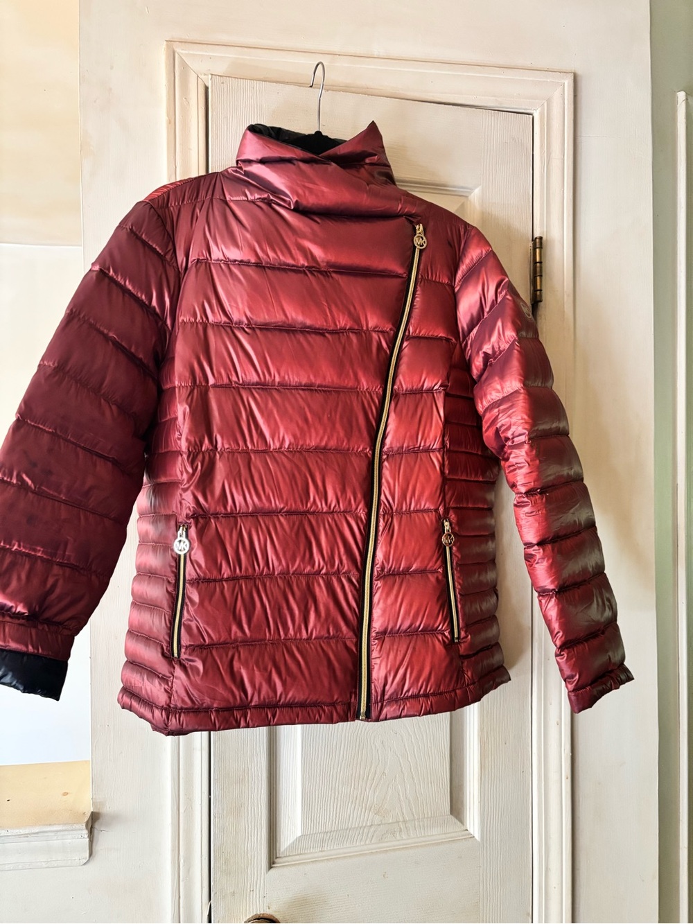 Michael Kors Shiny Burgundy Asymmetrical Quilted Packable Down Puffer Jacket
